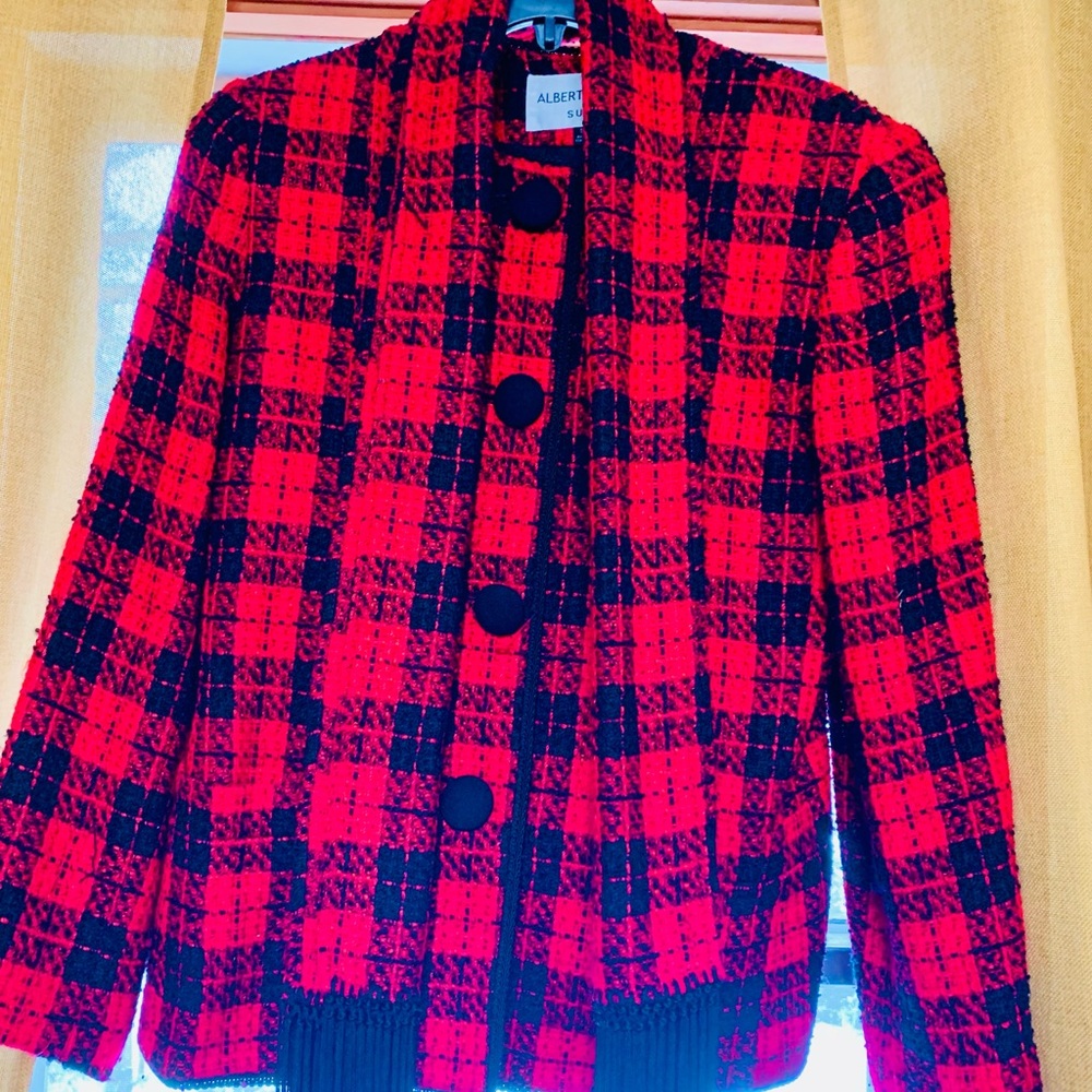 Albert Nipon Vintage matching suit jacket blazer & scarf red black plaid fringe